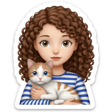 Haz un emoji de una chica con piel clara, ojos marrones, cabello castaño, rizado, cargando a un gato blanco con rayas negras y grises con ojos azules  sticker