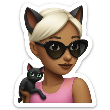 Girl in heart shaped sunglasses looking at black cat with sunglasses sticker