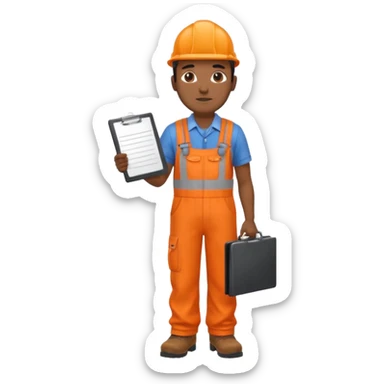 Indian male railway engineer orange overalls, boots holding a clipboard view from rear sticker