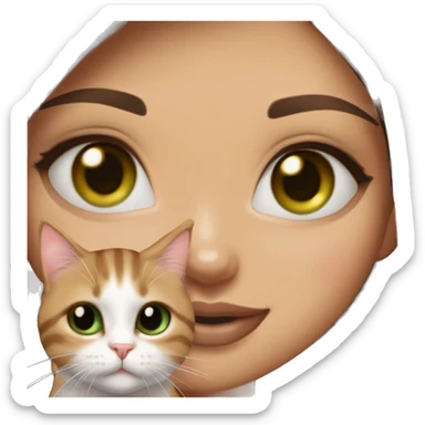 A girl with green eyes and dark brown straight hair, and makeup nude lipstick and eyelashes, slightly tanned, oval light pink fingernails, white top, holding a brown tabby cat with green eyes sticker