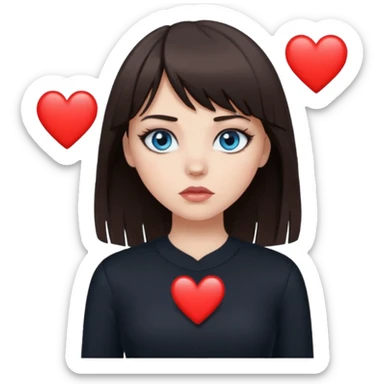white girl with dark brown hair and bangs wearing black eyeliner with blue eyes wearing black clothes with a black broken heart above her head sticker