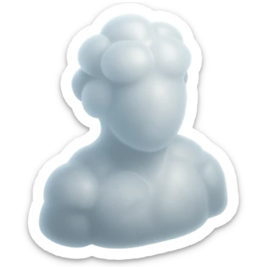person made entirely of white fluffy convex clouds, shoulder up, front view, matte glass style sticker