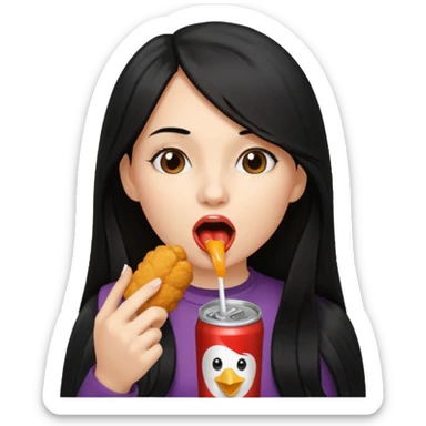 girl with long black hair eating with mouth on the chicken nugget and holding a soda can sticker