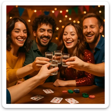 people clinking shot glasses while playing a card game, festive setting, party vibe sticker