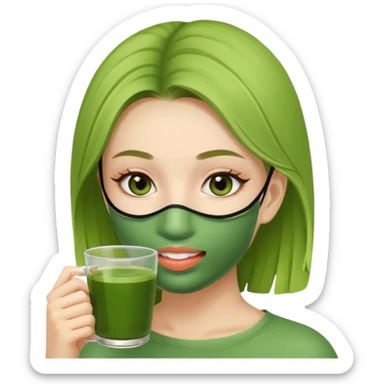 clean girl vibe drinking matcha with face mask sticker