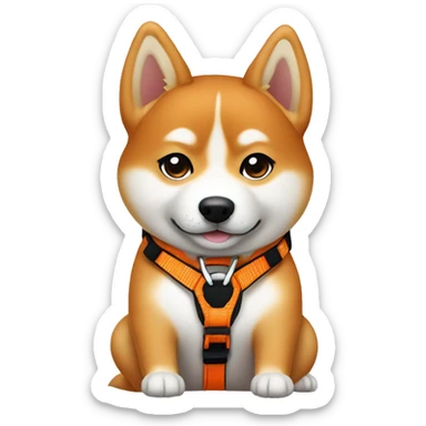 Slim Shiba Inu sitting in the orange harness sticker