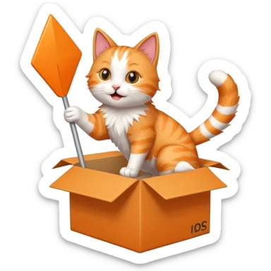 cat jumping out of a box with a white arrow showing the direction of the cat out of the box sticker