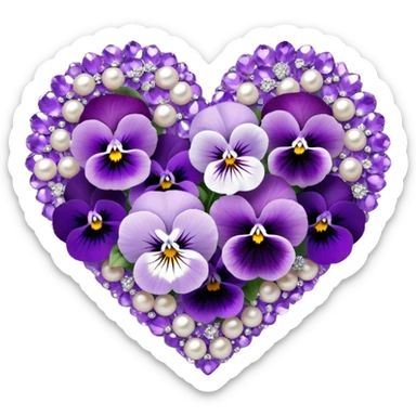 An exquisite heart-shaped bouquet composed of deep lilac flowers and ice violet pansies, harmoniously blended with amethyst and pastel purple tones, is delicately placed on smooth pearl satin fabric, its beauty further enhanced by the subtle sparkle of tiny silver adornments. sticker