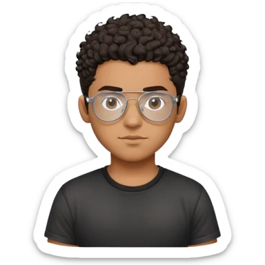 Young Latino with big forehead, metal-framed aviator glasses, very short curly dark hair on top with shaved sides, neutral expression, brown skin, black t-shirt sticker