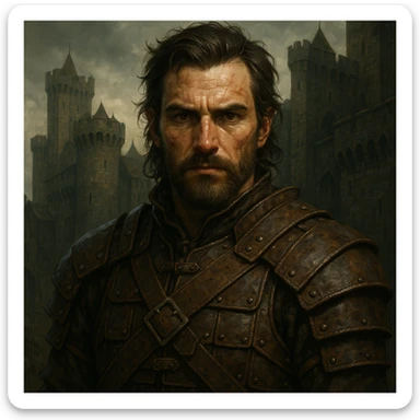 close-up portrait of a warrior in leather armor, direct gaze, medieval castle in the background, Game of Thrones atmosphere, DnD style, ArtStation quality, detailed illustration sticker