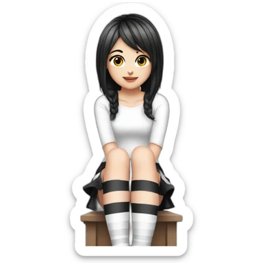 Frontal view curvy emo girl sits white skirt striped stockings hands up sticker
