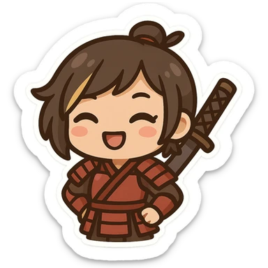 Convert this image to Twitch emoji format: chibi kawaii samurai girl with short hair and one streak of blonde in her hair, smiling, simplified details, bold outlines, clear facial expression, transparent background, sized for Twitch emoji use. sticker