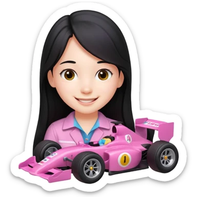 long black haired girl kid playing pink colored formula 1 car toy sticker