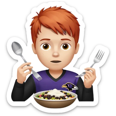 a red-haired boy wearing a ravens jersey and eating a chipotle burrito bowl sticker