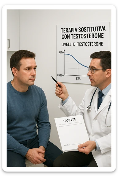 a man in his 40s sits in a doctor’s office, listening attentively as a physician explains TRT (Testosterone Replacement Therapy). The doctor holds a prescription pad and points to an educational chart showing testosterone levels. The mood is professional and informative, with a clean, clinical background. scritte in italiano sticker