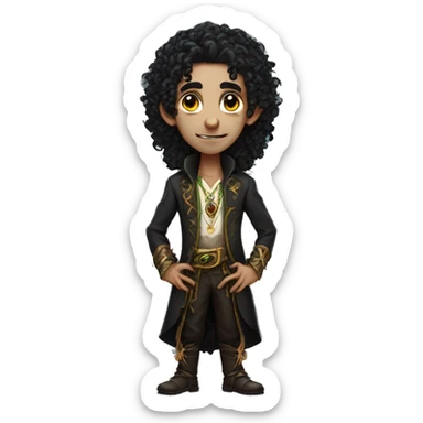 a modern witchdoctor male elf long black curly hair, sticker