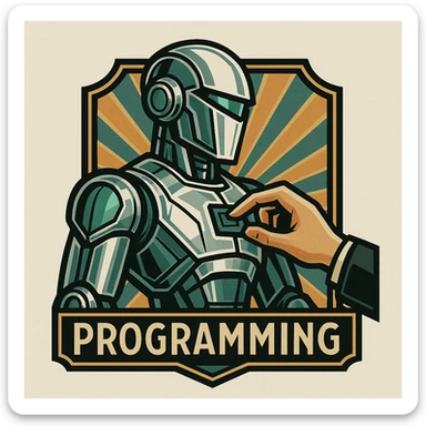 art deco logo of a robot being programmed, angular robot, programmer's hand, sunburst background, chrome and emerald green sticker