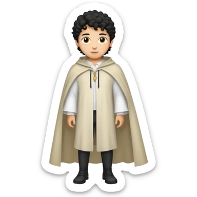 Apariencia: Joven de unos 25-30 años, atractivo,.
-Rostro: Ojos oscuros, piel ligeramente morena, rasgos árabes finos.
-Cabello: Negro, rizado corto, viste como cristiano (camisa blanca, capa corta, colores sobrios). Que salga de cuerpo completo sticker