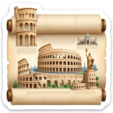 An icon featuring an ancient scroll, surrounded by famous historical landmarks and statues of notable figures, like the Colosseum or Napoleon. The design symbolizes the exploration of history through monuments and people. Transparent background highlights the pas sticker