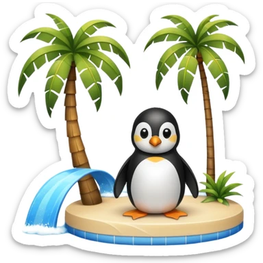 a penguin sitting by a palm tree and pool at the seaside with waves sticker