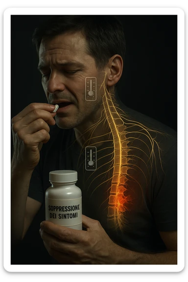 Realistica cinematic Man taking pain medication for chronic back pain, pills shown as dimmer switches turning down pain signals in transparent nervous system overlay, underlying spinal damage remaining completely untreated and worsening, expression of temporary relief masking progressive deterioration, medication bottle labeled 'symptom suppression' not 'cure', root cause inflammation continuing to spread in italiano sticker