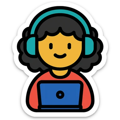 curly hair girl with headphones and a laptop, color outline icon sticker