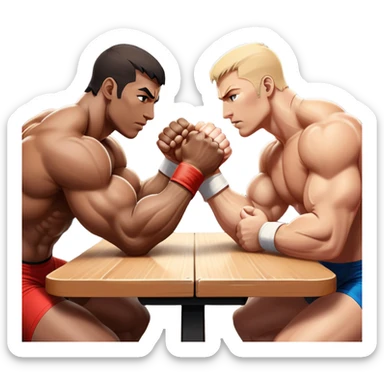Two athletes engaged in an intense arm wrestling match, their muscles straining as they battle for dominance. The scene captures the powerful clash of strength, with close-ups on the hands locked in a firm grip, sweat glistening under bright lights. The background features a wrestling table. sticker