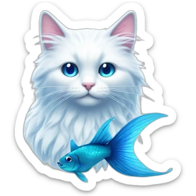 Head of White fluffy cat and a half of blue magic fish tail sticker