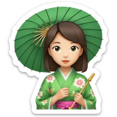 Japanese Princess with paper umbrella, green kimono sticker