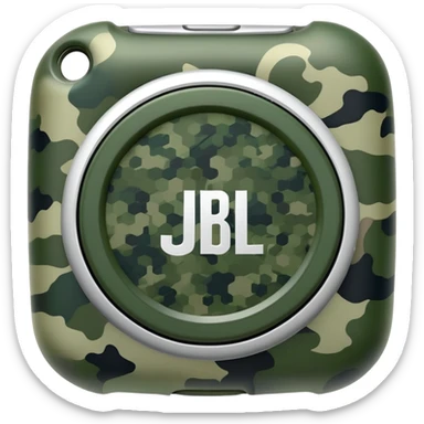 Abstract JBL Clip 4 with round shape, integrated clip, green camo pattern, and small JBL logo, iOS emoji style sticker