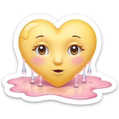 A pastel-yellow heart melting into soft pink tears, curled on a clouded floor under warm sunrise light. sticker