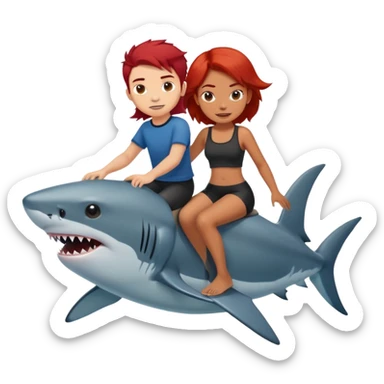 Red hair girl and black hair boy riding a shark sticker