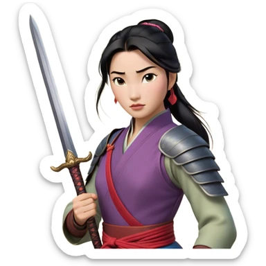Cinematic Realistic Mulan Portrait, depicted with lifelike skin texture, soft natural lighting, and intricately detailed long black hair styled elegantly. Her deep, expressive eyes exude determination and grace, complemented by a serene yet confident expression. She stands with one hand resting on the hilt of her sword, the other by her side, exuding strength and poise. She is dressed in her classic attire, with rich fabric textures and delicate folds that catch the light beautifully. The portrait features a soft, enchanting glow with a natural, radiant finish, capturing the essence of timeless strength and beauty in a realistic and painterly style, evoking a sense of depth and authenticity. sticker