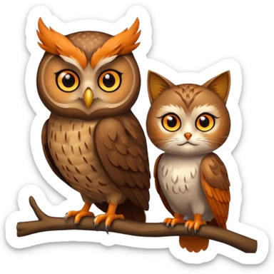 Owl on a branch with a cat's head sticker