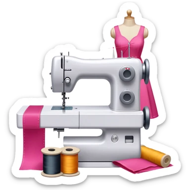 Sewing icon, sewing machine with thread, visible needle, spools of thread, fabric pieces cut according to patterns, measuring tape, pins, scissors, and dresses on mannequins, minimalistic style, clean lines, transparent background. sticker
