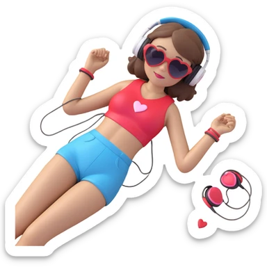 emoji of a girl with brown hair, heart sunglasses, headphones, lying on a beach sticker