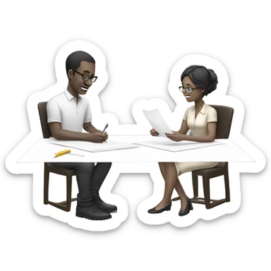 two people sitting at a table and drawing sticker