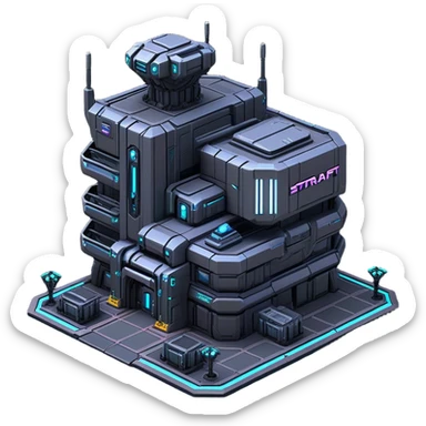 StarCraft-inspired, isometric RTS building with a rugged Terran look: thick metal plating, cyberpunk, neon, rivets, subtle wear, and a gunmetal palette plus one accent color. Add minimal glowing panels for a high-tech feel. Keep it compact—like a forward outpost—and show it from a clean isometric angle, emphasizing an industrial sci-fi style and clear silhouette. sticker