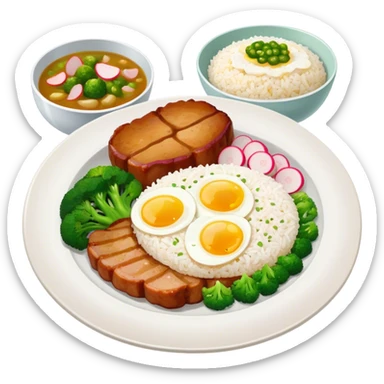 Pork chop rice combo with egg, broccoli, pickle radish, and white rice. Plus a soup on the side sticker