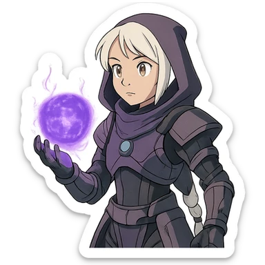1 female, white hair long braid, gold yellow eyes, no helmet, a novice warlock from Destiny 2 armor, charging a void grenade in her hand sticker