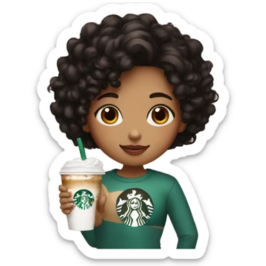 girl with medium black curly hair with red highlights drinking a starbucks coffee sticker