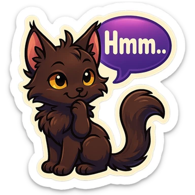 a dark-brown fluffy cute kawaii anime cat with tufted ears and a long thin tufted tail, thinking, smirking thoughtfully, saying “Hmm..” with a purple speech bubble, (cartoon style) (furry style) (deviantArt style) (artist style: Kamirah) sticker
