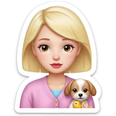 “Emoji girl, dewy skin, flushed blush across cheeks and nose, glossy cherry lips, soft puppy eyeliner, slightly teary sparkling eyes, wearing pastel cardigan.” sticker