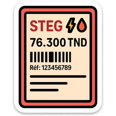 flat icon-style Tunisian STEG bill, bordered rectangle, text 'STEG' with electricity (⚡) and gas (🔥) icons, amount '76.300 TND', barcode, reference 'Réf: 123456789', horizontal lines for details, clean vector look, Tunisian color palette, no background sticker