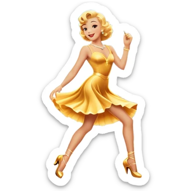 Vintage movie poster-style icon for a musical film. The cityscape glows in the background, evoking the golden era of musicals. A vibrant street scene with bright lights, dancers mid-step, a singer with a microphone. Transparent background. sticker