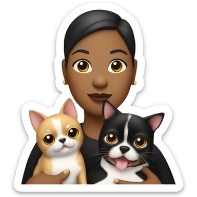 Fat black woman with short blond hair, holding a tuxedo cat and a chihuahua sticker