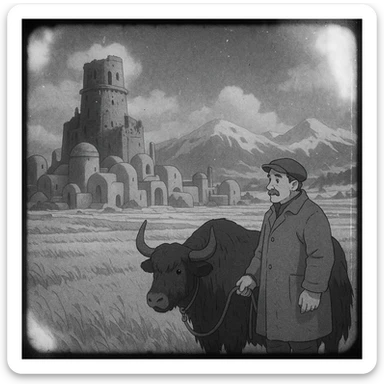 8mm film black and white, no color, light leaks. the image shows post-war reconstruction-era life in the z'rian commonwealth capital region, santa-fe neo-adobe futuristic architechture. arctic temperate region. there is a tattered tower-bastion, a vast field and a middle-aged man with a large black yak sticker