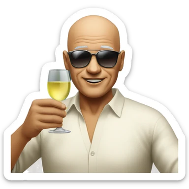 Bald man around 60 years old holding glass of white wine , weaing sunglasses sticker