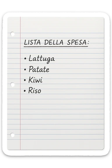 FOGLIO DI CARTA A RIGHE CON LISTA DELLA SPESA SCRITTA A PENNA:
"LISTA DELLA SPESA:
- Lattuga
- Patate
- Kiwi
- Riso", iperealistico 4k sticker