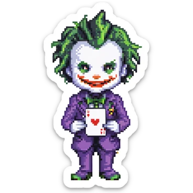 Joker holding a playing card with mischievous expression, pixel art style sticker
